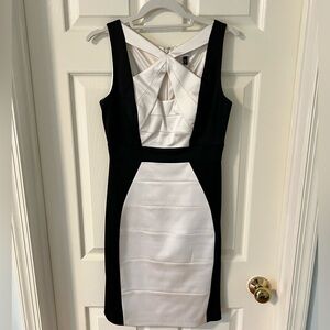 Cache silk knee length dress in cream and black